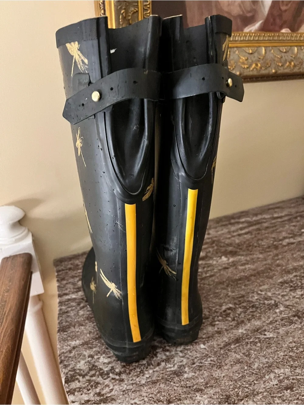 Joules Women’s Welly Black Rain boots with Gold Dragonflies size 9
